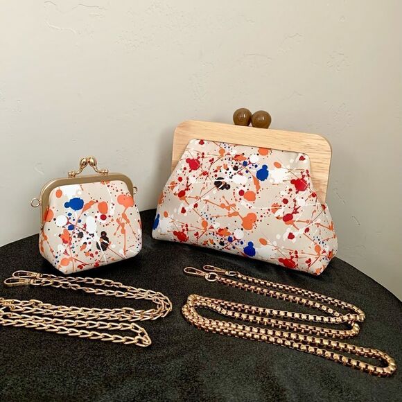 Handmade Genuine Leather Splatter Printed Wooden Frame Clutch with Small Purse - Picture 5 of 16